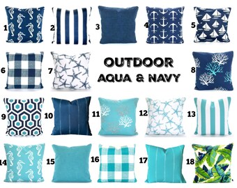 aqua and navy outdoor pillows