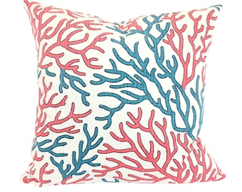 Blue Coral Nautical Throw Pillow Covers Cushions Pinky Coral Blue White INDOOR Costal Beach Decor Patio Decorative Toss Pillow Various Sizes