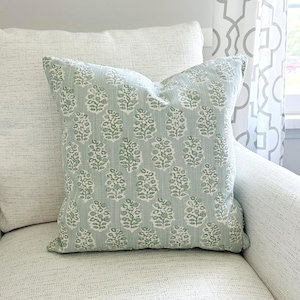 Sage Green Spa Blue Pillow Cover Natural Throw Pillow Block Print Style Linen Blend Textured Toss Pillow Couch Bed Pillow Case Various Sizes