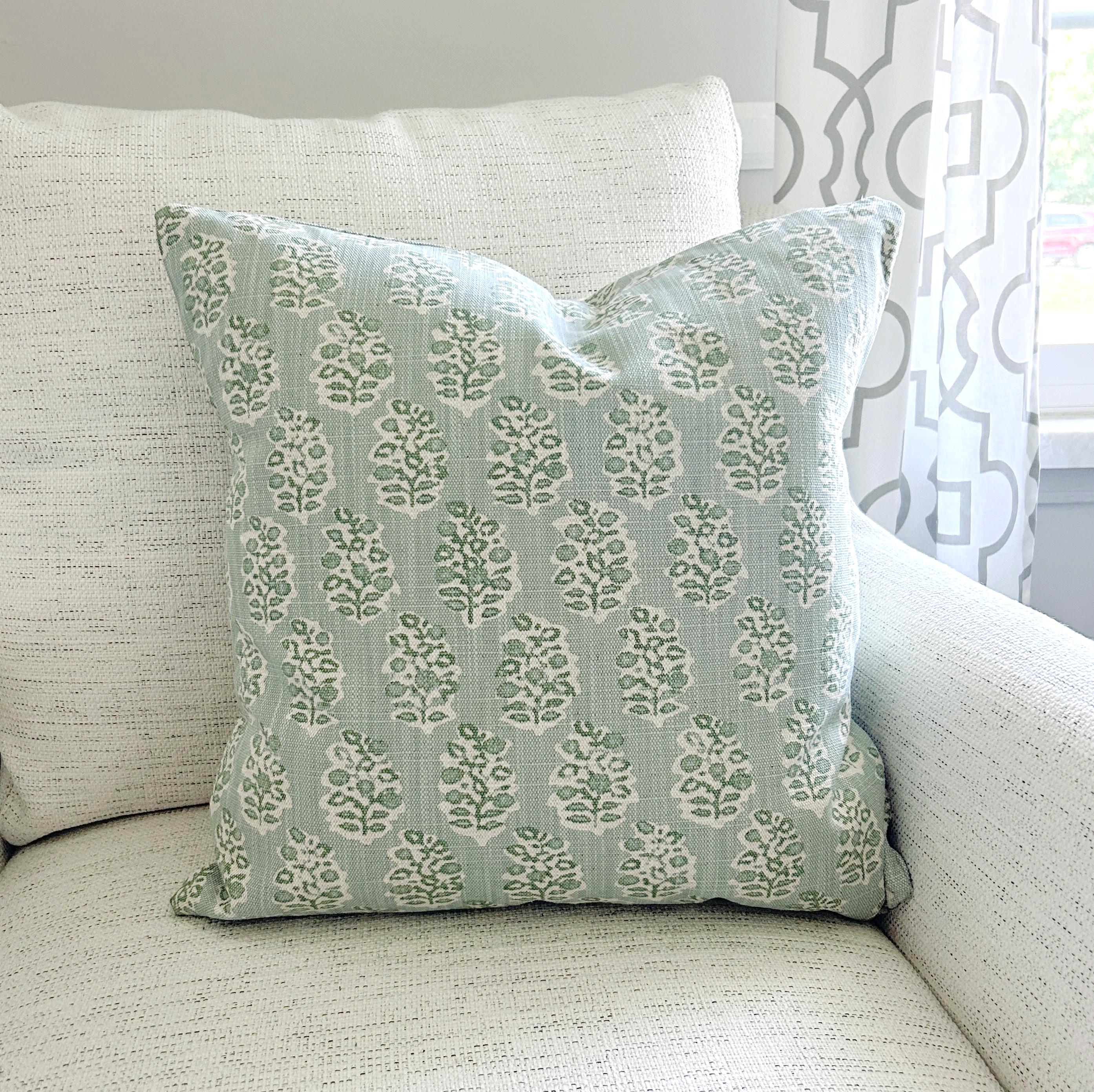 Sage Green Spa Blue Pillow Cover Natural Throw Pillow Block Print Style Linen Blend Textured Toss Pillow Couch Bed Pillow Case Various Sizes