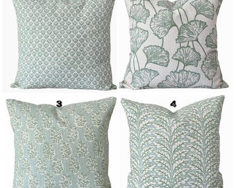 Green Pillow Covers Throw Pillows Sage Green Natural Linen Blend Block Print Style Spa Blue Couch Bedroom Pillows Mix & Match Various Sizes