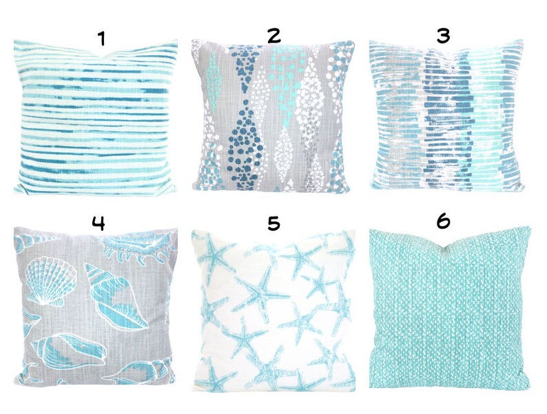 Aqua Gray INDOOR Pillow Covers Nautical Beach Decor Decorative Throw Pillows Nautical Cushion Blue Grey White Mix & Match Various Sizes image 1