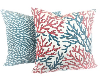 Pair of Nautical Pillow Covers Blue Coral Decorative Pillow Aqua Blue Pinky Coral Scott Living Beach Patio INDOOR Couch Bed  Various Sizes