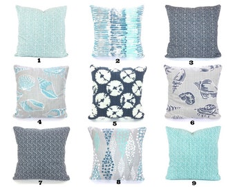 Nautical Pillow Covers Aqua Blue Gray Cello Blue White Indoor Decorative Throw Pillow Cushions Sea Shells Nautical Toss Pillow Various Sizes