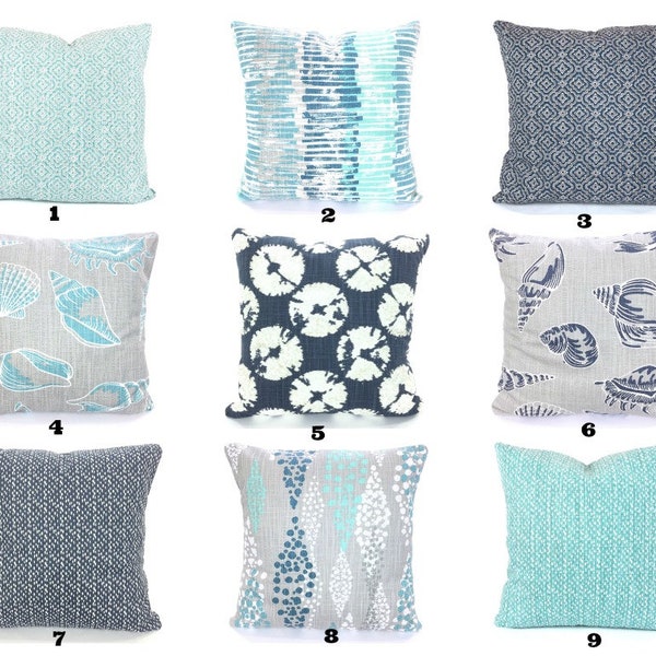 Nautical Pillow Covers Aqua Blue Gray Cello Blue White INDOOR Decorative Throw Pillow Cushions Sea Shells Nautical Toss Pillow Various Sizes