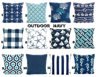 OUTDOOR Navy Pillow Covers Beach Decor Throw Pillows Nautical Cushions Oxford Navy Blue Aqua White Toss Pillows Mix & Match Various Sizes