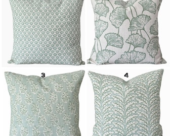 Sage Green Pillow Covers Throw Pillows Green Spa Blue Natural Linen Blend Block Print Style Couch Bedroom Pillows Mix & Match Various Sizes