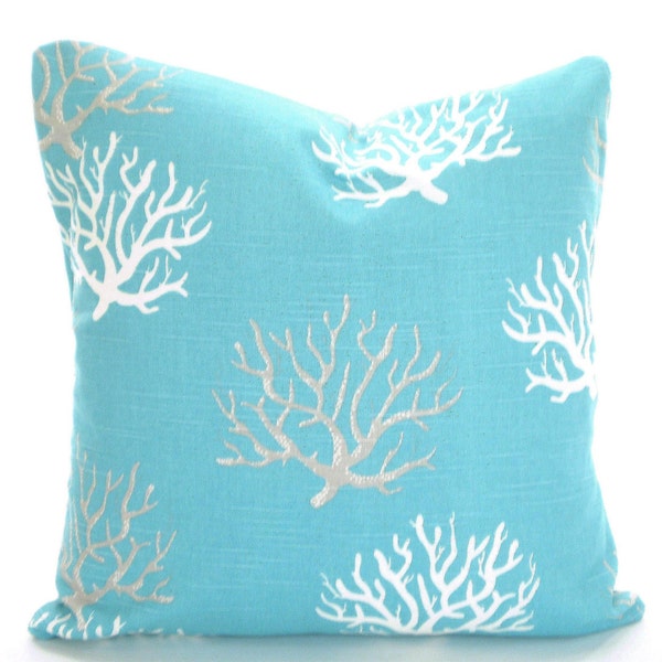 Nautical Aqua Gray Coral Throw Pillow Covers INDOOR Cushions Coastal Blue Aqua Grey White Coral Pillow Beach Cottage Patio Various Sizes