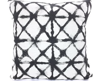 SALE Designer Pillow Covers Charcoal Black Basketweave Geometric Print Modern Shibori Heavy Weight Flax Sofa Bed Pillows Various Sizes