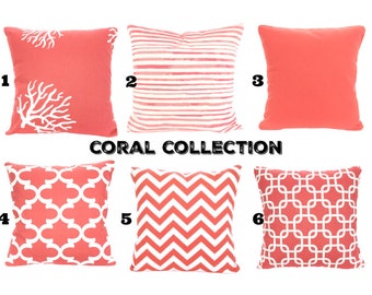Coral Pillow Covers Decorative Throw Pillows  INDOOR COTTON Cushion Covers Coral White Throw Pillows Couch Bed Mix & Match Various Sizes