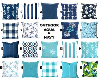 Navy OUTDOOR Pillow Covers Aqua Pillows Beach Decor Nautical Cushions Ocean Blue Oxford Navy White Patio Deck Boat Sun Room Various Sizes