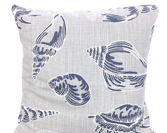 Nautical Pillow Covers Navy Gray Sea Shells Decorative Pillows INDOOR Cushion Covers Navy Blue Gray White Sun Room Couch Bed Various SIZES