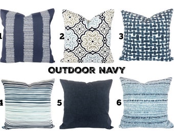 OUTDOOR Navy Pillow Covers Throw Pillows Outdoor Cushions Navy Blue White Porch Cottage Deck Toss Pillows Mix & Match Various Sizes