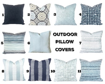 OUTDOOR Pillow Covers Navy Blue Light Blue White Coordinating Throw Pillow Cushions Porch Cottage Deck Toss Pillow Mix & Match Various Sizes