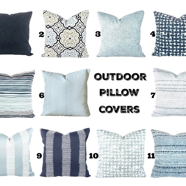 OUTDOOR Pillow Covers Navy Blue Light Blue White Coordinating Throw Pillow Cushions Porch Cottage Deck Toss Pillow Mix & Match Various Sizes