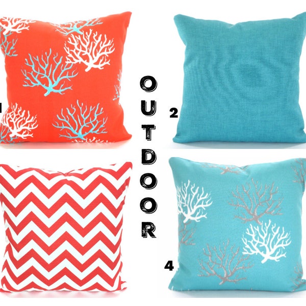 OUTDOOR Coral Aqua Pillow Covers Throw Pillows Outdoor Coral Aqua Blue White Porch Cottage Deck Toss Pillows Mix & Match Various Sizes