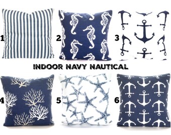 Nautical Throw Pillow Covers Navy Blue Cotton INDOOR Pillows Decorative Cushions Premier Navy Blue White Beach Mix and Match Various Sizes