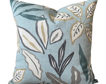 Aqua Tan Gray Pillow Covers Floral Leaves Decorative Throw Pillow Blue Toss Pillow Magnolia Home Neutral Couch Bed Sofa Various Sizes