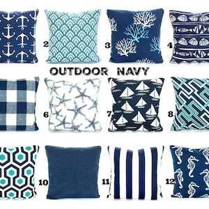 OUTDOOR Navy Pillow Covers Beach Decor Throw Pillows Nautical Cushions Oxford Navy Blue Aqua White Toss Pillows Mix & Match Various Sizes