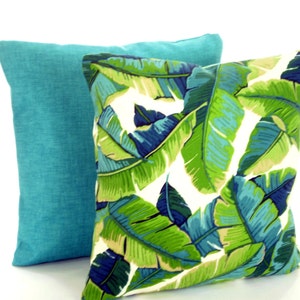 OUTDOOR Tropical Green Aqua Navy Palms Pillow Covers Throw Pillow Cushions Outdoor Aqua Green Navy Palm Leaves Set of Two Various Sizes