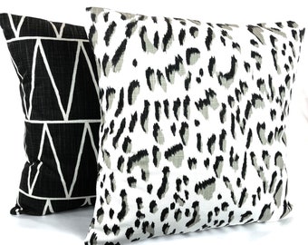Pillow Covers Black Taupe White Decorative Throw Pillow Cushions Charcoal Ink Animal Print Geometric Slub Canvas Set of Two Various Sizes
