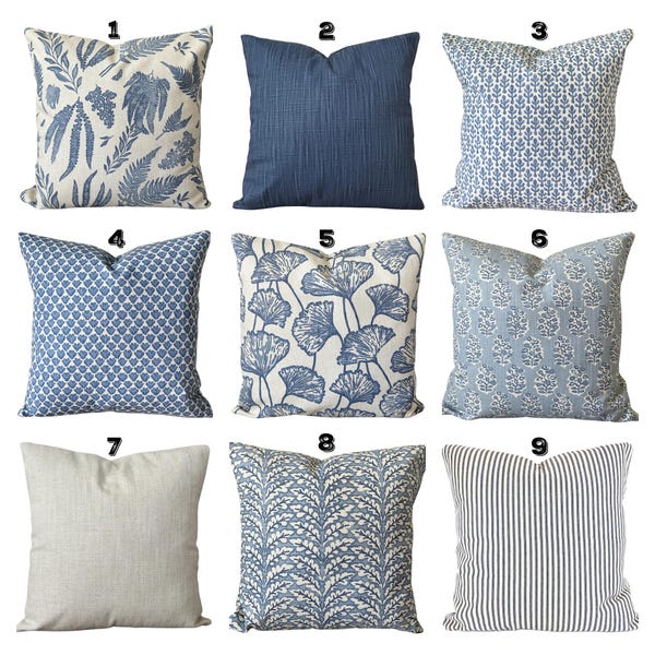 Blue Pillow Covers Throw Pillow Natural Blue Pillow Block Print Style Linen Shams Textured Mix and Match Couch Bed Pillow Case Various Sizes