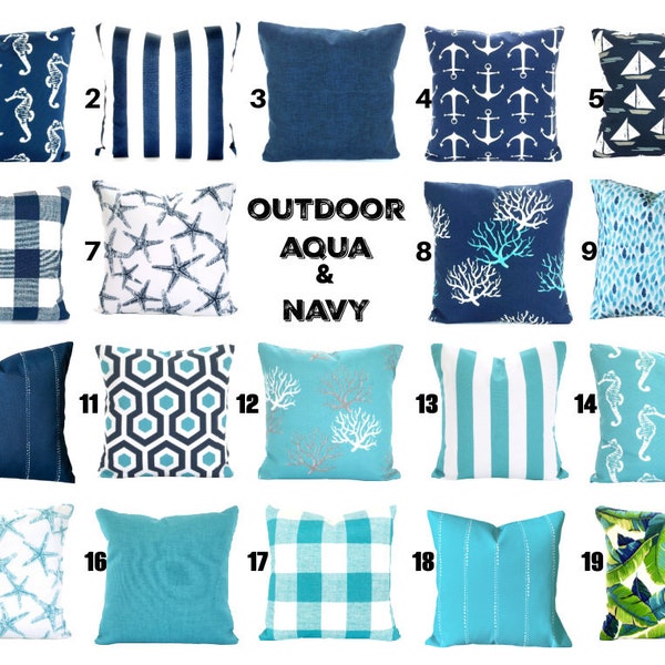 OUTDOOR Aqua Navy Pillow Covers Beach Decor Nautical Cushions Ocean Blue Oxford Navy White Patio Boat Deck Sun Room Various Sizes