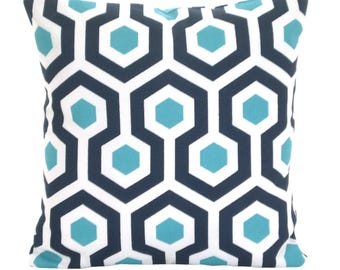 OUTDOOR Aqua Navy Blue Pillow Covers, Decorative Throw Pillows, Cushions, Navy Aqua White Geometric Magna Patio One or More ALL SIZES
