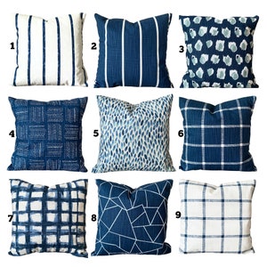 Blue Pillow Covers Decorative Throw Pillows Cotton Pillows Navy Blue White Modern Couch Pillows Bed Euro Sham Various Sizes Mix & Match