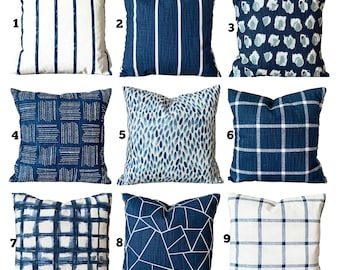 Blue Pillow Covers Decorative Throw Pillows Cotton Pillows Navy Blue White Modern Couch Pillows Bed Euro Sham Various Sizes Mix & Match