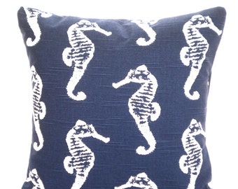 Blue Nautical Throw Pillow Covers Cushion Covers Light Navy Blue White Seahorse Beach INDOOR Patio Cottage Sunroom Toss Pillow Various Sizes
