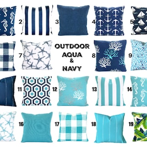 OUTDOOR Pillow Covers Aqua Navy Beach Decor Nautical Cushions Ocean Blue Oxford Navy White Patio Boat Deck Sun Room Various Sizes