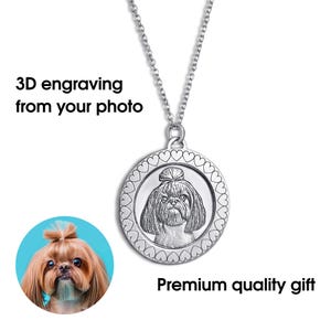 Custom Pet Portrait Necklace – 925 Silver Round Pendant with Heart Border – Personalized Photo Jewelry Gift for Dog or Cat Lovers