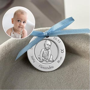 engraved silver baby coin with photo name date weight custom keepsake gift for new mom christening or first birthday