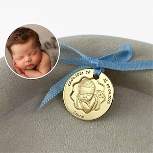 gold plated baby photo coin with name birth and baptism date custom keepsake for newborn christening gift for new mom