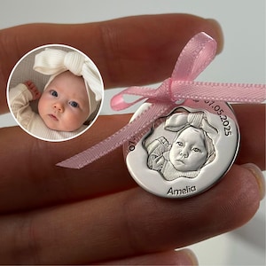 personalized baby photo coin silver keepsake with name birth and baptism dates christening gift for new mom or godmother