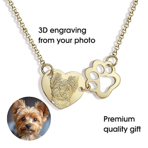 Pet Portrait Necklace with Heart & Paw – Custom Animal Pendant with Photo Engraving – Personalized Pet Lover Gift
