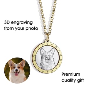 Personalized Pet Portrait Necklace – Custom 3D Engraved Dog or Cat Pendant in Gold – Unique Gift for Pet Lovers