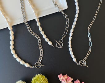 Freshwater Pearl Half Chain Necklace | Silver Stainless Steel, Toggle Clasp