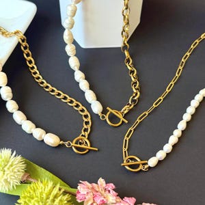Half Pearl Half Chain Necklace | 18K Gold Freshwater Pearl | Waterproof Gold PVD | Cuban Paperclip Oval Chain with Toggle Clasp