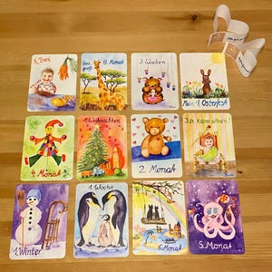 32 hochwertige Meilensteinkarten für Babys erstes Jahr, geschlechtsneutrale Monatskarten, Kunstdrucke (Aquarell) als Geschenk zur Geburt