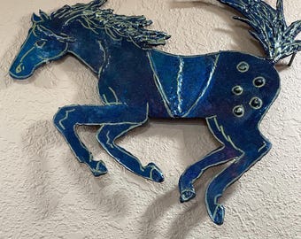 Hand-Crafted Designed/painted in USA Spirited  Shadowcasting Metal Horse Sculpture One of a Kind from the "Caballos De Colores Series" Cielo