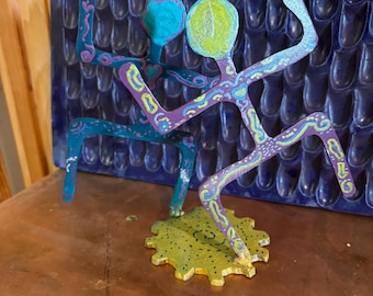Joyful Dance Duo on Sun Base - Hand Crafted Whimsical Folk Art Decor