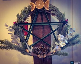 Pagan Yule Wreath – Handmade Winter Solstice Decor with Resin Antlers