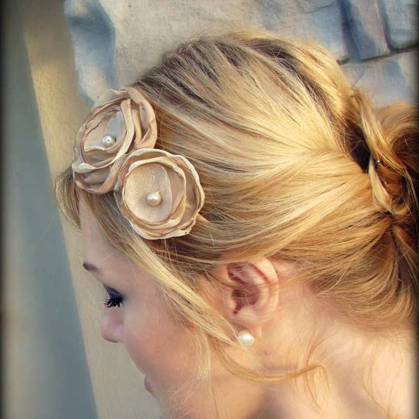 Woman's Flower Headband in Tan and Ivory for Adults and Girls