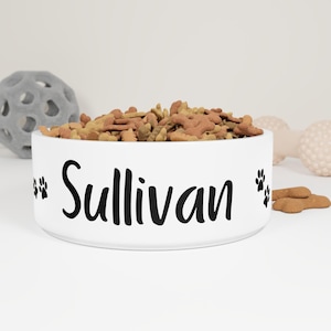 Personalized Dog Bowl - Custom Ceramic Pet Bowl with Name and Paw Prints, Christmas Gift for Dogs and Pet Lovers