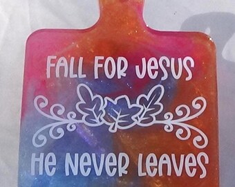 Square mini cutting board - Brown, pink and blue - Fall for Jesus
