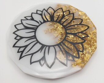Diamond edge coaster - White & gold foil - sunflower decoration