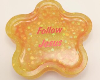 Flower coaster/trinket tray - Orange & yellow with chunky glitter - Follow Jesus