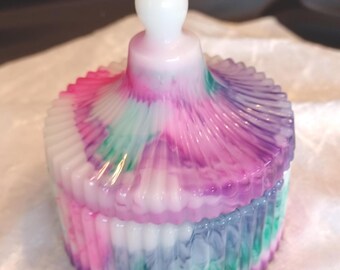 Ribbed Trinket Box - White with Pink, Purple & Turquoise Swirled - Not Perfect Just Forgiven